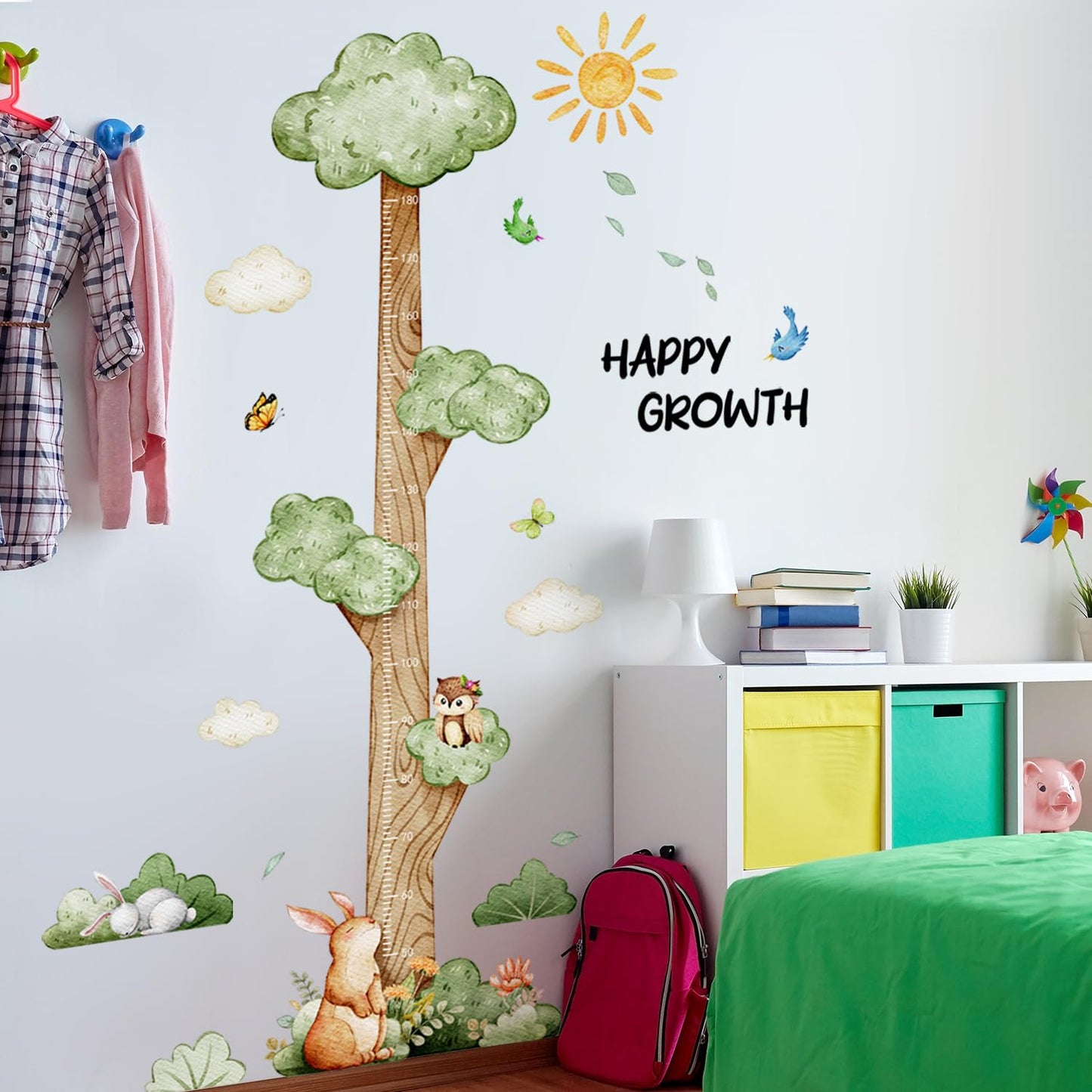 3D Cartoon Height Growth Chart for Kids Wall Stickers Removable DIY Jungle Animals and Plants Height Sticker Peel and Stick Sun White Clouds Wall Art Decor for Nursery Kids Bedroom Living Room