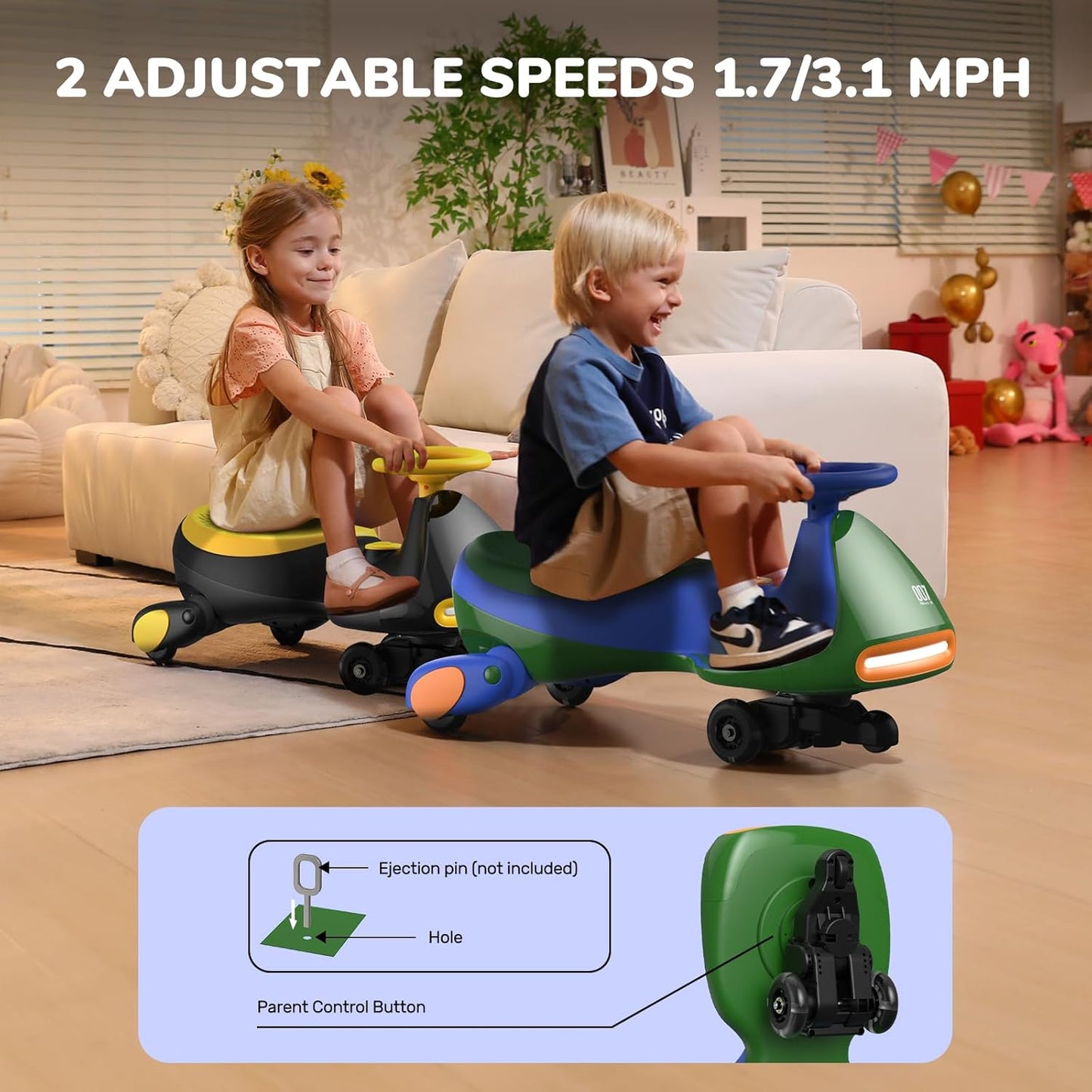 FanttikRide 6V N7 Classic Electric Wiggle Car with Pedal, Rechargeable Battery, Ride on Toys, Swing Car, 2 Speeds, Anti-Rollover, Flashing Light Wheels, Bluetooth, for Ages 3 and Up, 150 Lbs, Green