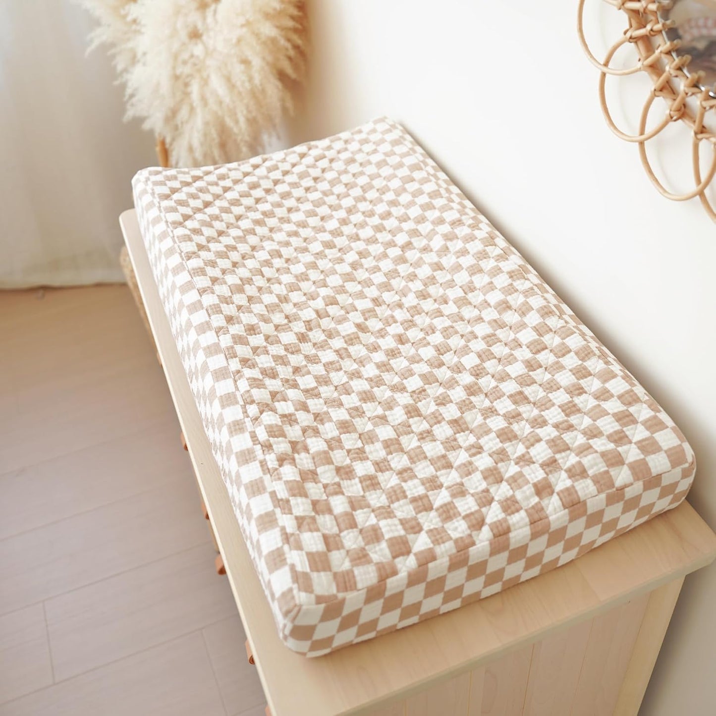 Konssy Waterproof Muslin Changing Pad Cover 2 Pack, Quilted Cotton Fitted Diaper Changing Table Cover, Soft Changing Pad Sheets for Girls Boys (Coffee Check,Moon)