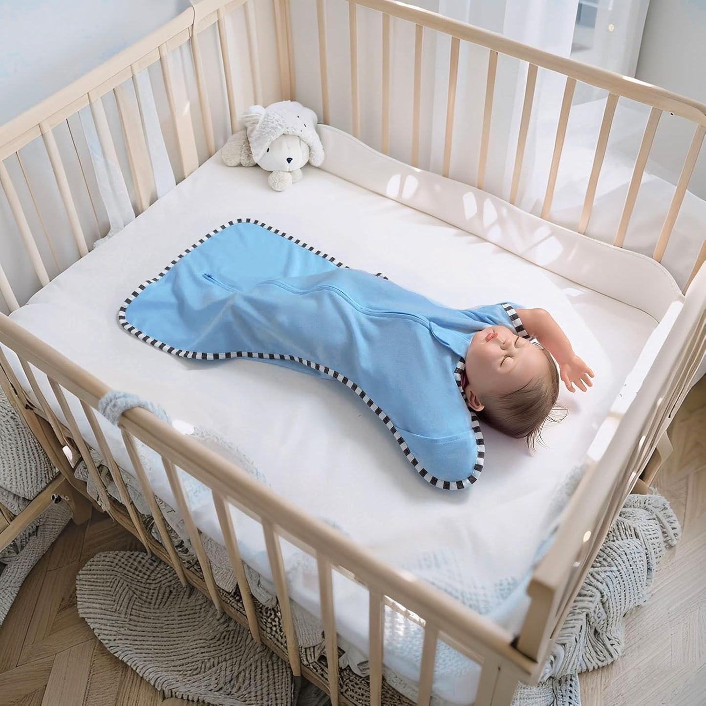 Transition Swaddle, 2 Pack 100% Cotton Baby Sleep Sack, 2-Way Zipper Infant Arm Up Swaddle for Newborn Baby Boys Girls (Khaki + Sky Blue, M(3-6 Months))