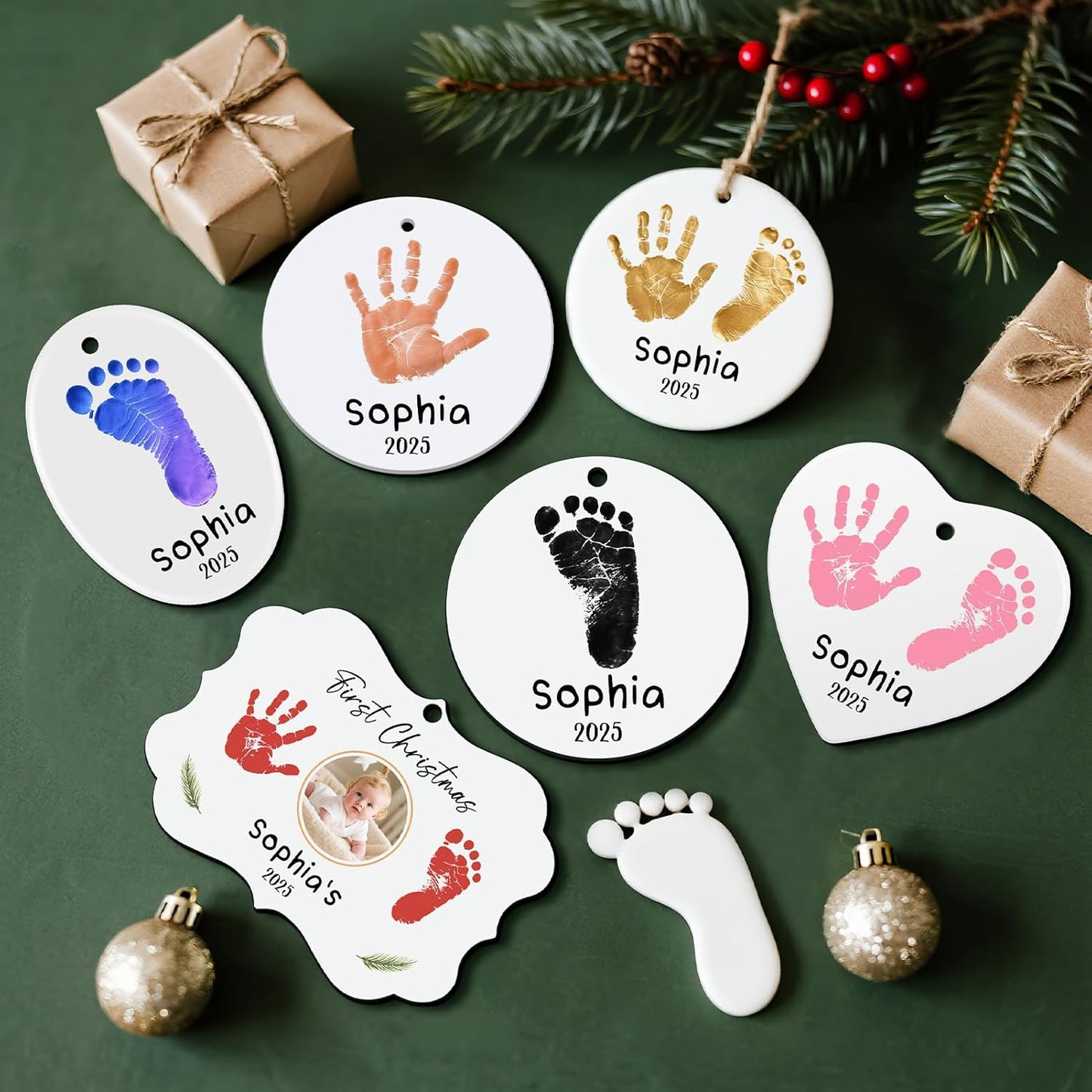 Baby Hand and Footprint Ornament - Baby's Frist Christmas Ornament with Custom Photo, Name, Date - Personalized Baby Gifts, Newborn Keepsake, New Mom Gifts