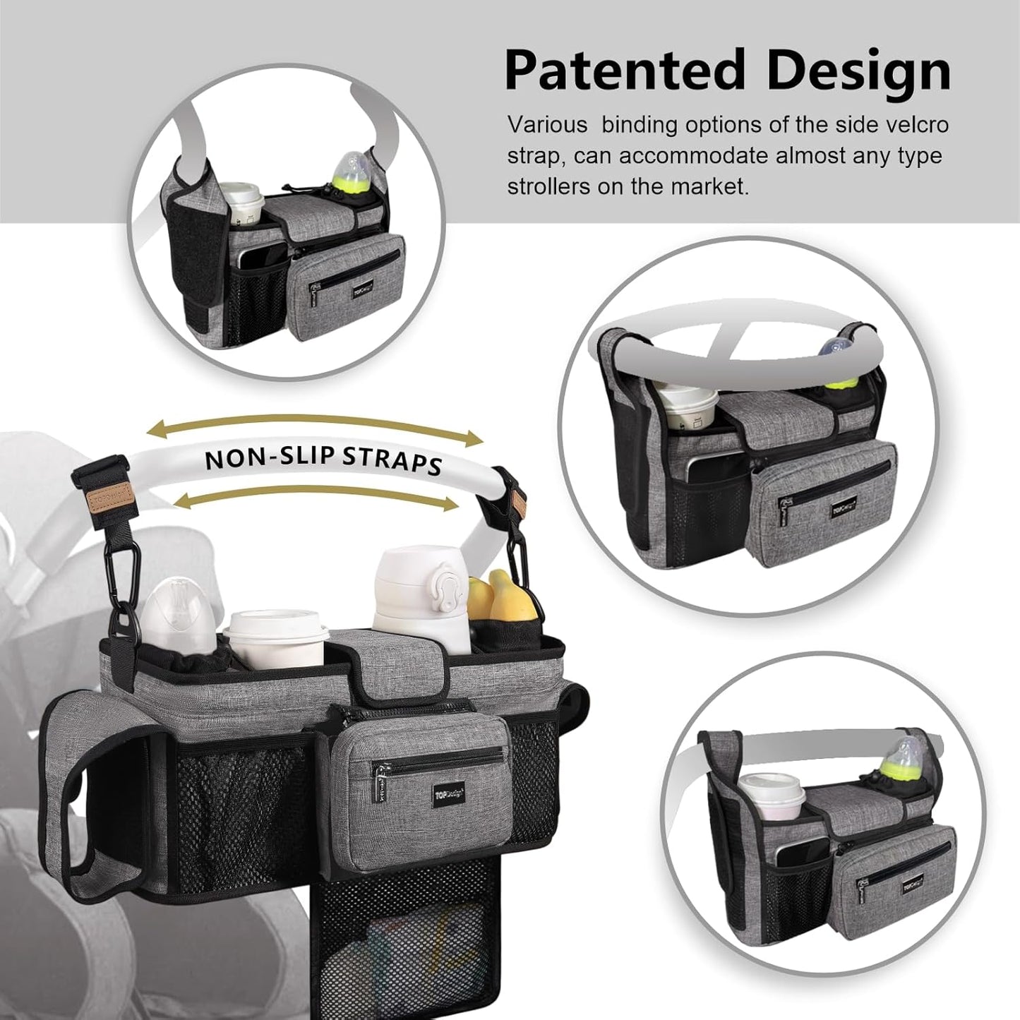 TOPDesign Universal Baby Stroller Organizer, Double Stroller Caddy with Detachable Mesh Bag & Heightened Insulated Cup Holders & Non-Slip Secure Hooks Accessories, Fits Most Strollers (Zoo)