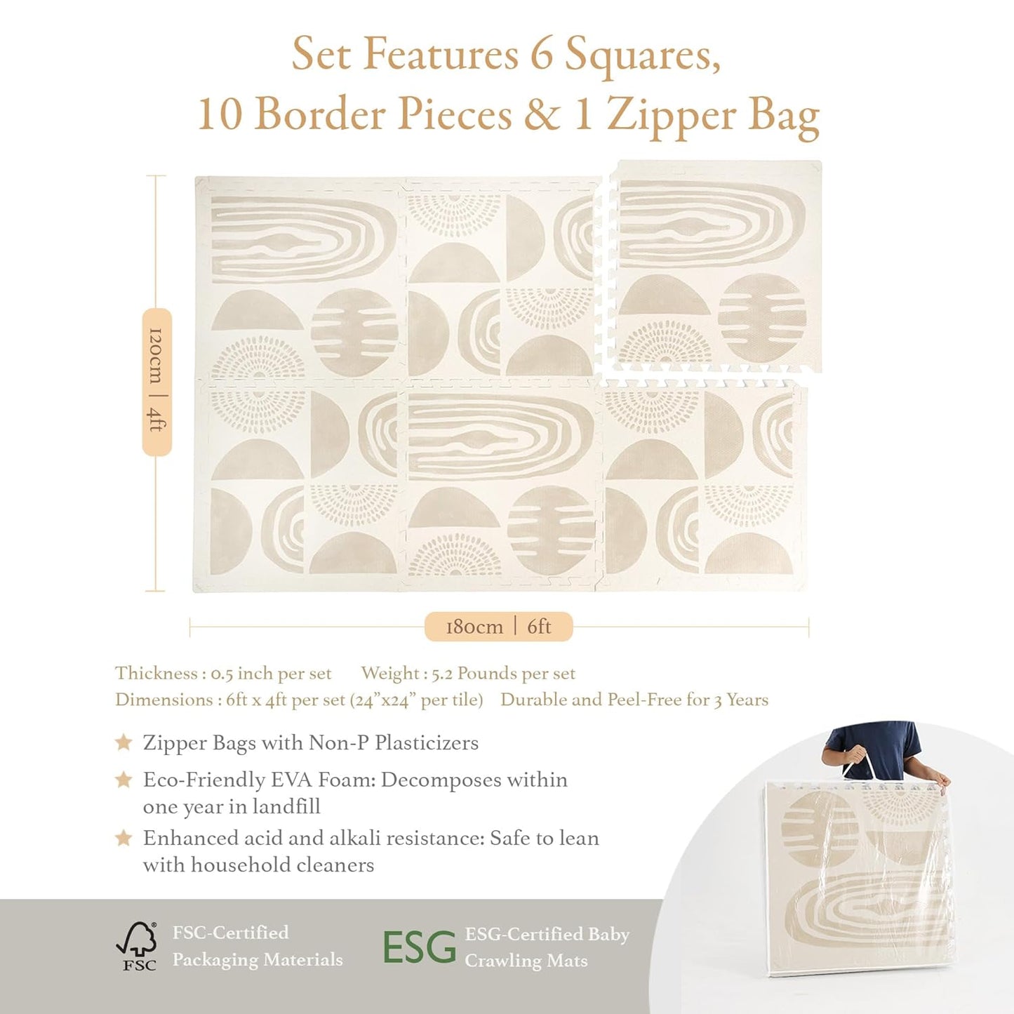 Premium Exercise & Baby Foam Play Mats - Stylish & Large Non-Toxic Odorless Floor Mat - 6 Tiles - Spacious 6ft x 4ft - Peel-Resistant Reinforced Ver.- Soft Thick, Waterproof - Desert Sand