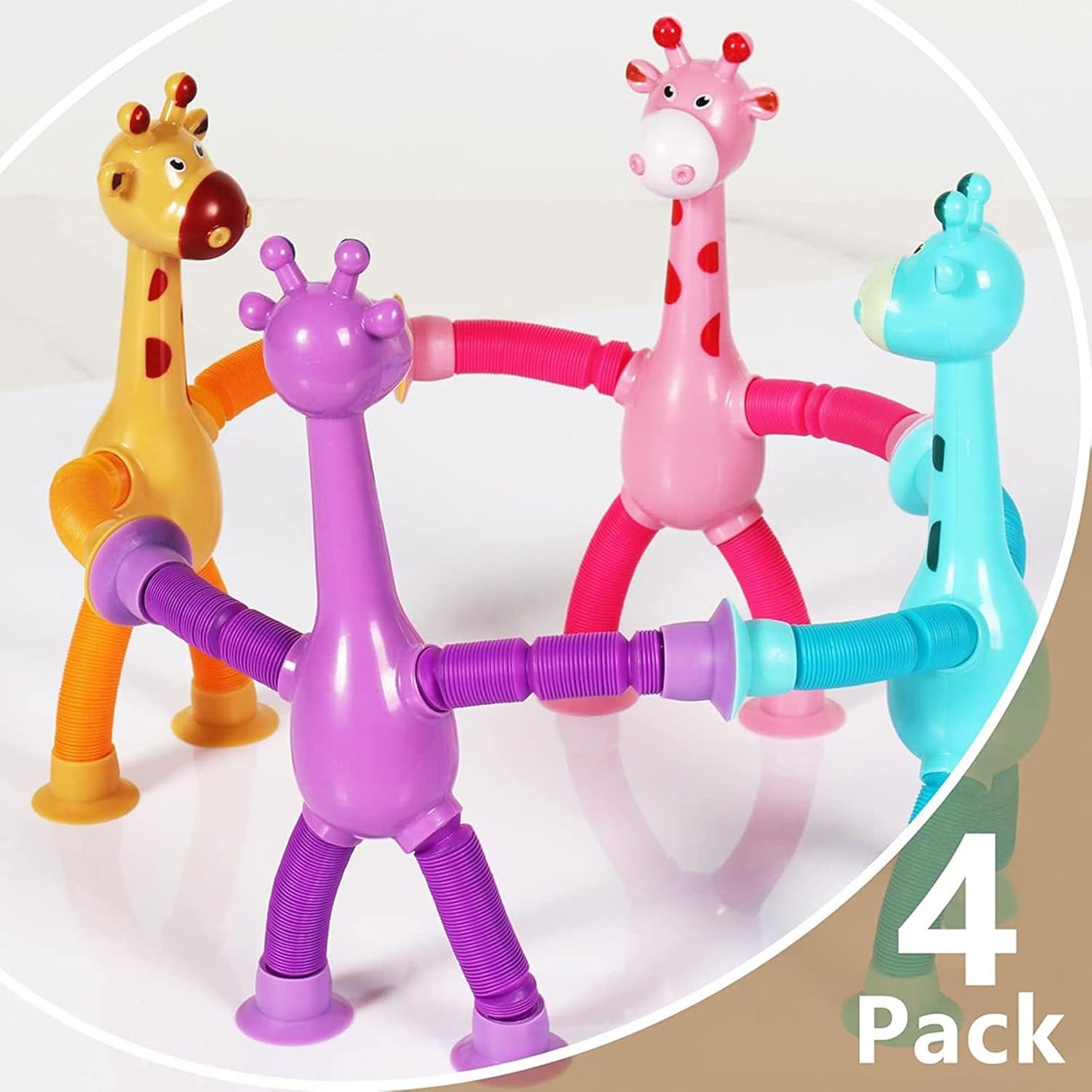 Bendable Giraffe Figures, Set of 4 Flexible Giraffes, Telescopic Suction Cup Giraffe Toy, Telescopic Pop Tubes, Fidget Tubes Sensory Toys for Girls Boys