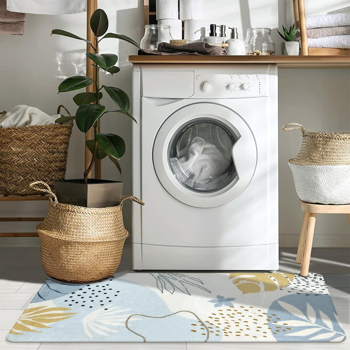 Lahome Boho Rug Runner - 2x4 Area Rug Non-Slip Washable Soft Bathroom Runner Rug Small Throw Long Bath Rug Blue Kitchen Runner, Botanical Print Foor Mats Runner Rug for Bedroom Hallway Laundry Room