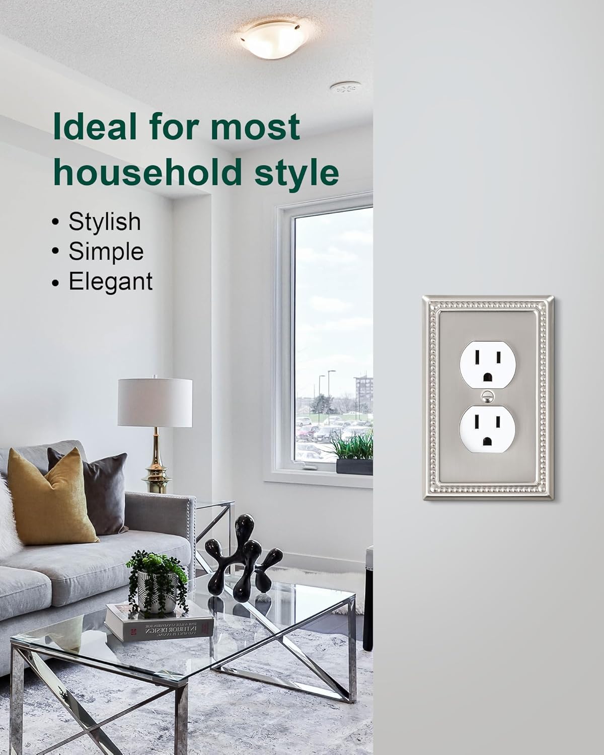 6-Pack Duplex Outlet Cover Plate, Metal Wall Plates for Electrical Outlets, Brushed Nickel 1 Gang Receptacle Cover, Pearls Decorative Switch Plates and Outlet Covers