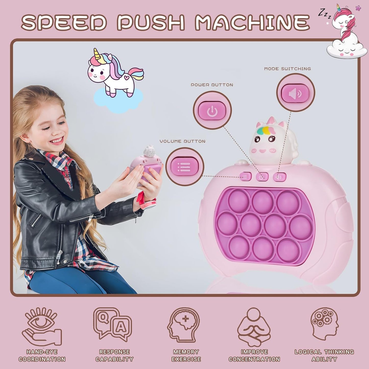 Fast Push Game Pop Fidget Toys for Kids, Fast Push Bubble Game, Quick Push Pop Game for Boys & Girls Age 3-12, Handheld Puzzle Game Sensory Toys Relaxation and Decompression (Pink Unicorn)