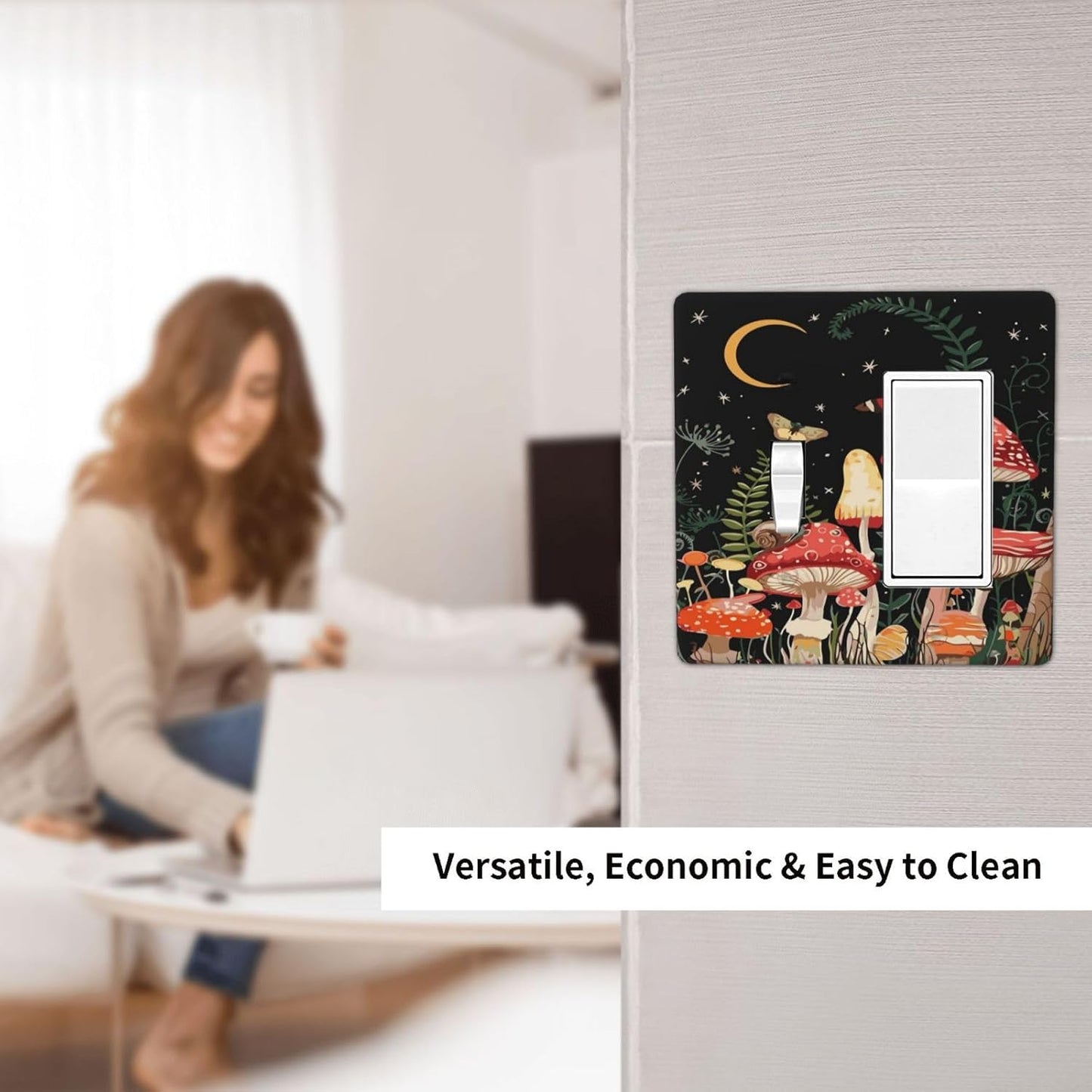 Moon Star Red Mushroom Forest Butterfly Green Plant Outlet Covers 1 Toggle 1 Rocker Combination Decorative Wall Plate Electrical Switch Plates Light Switch Cover Plate for Kids Room Home Decor