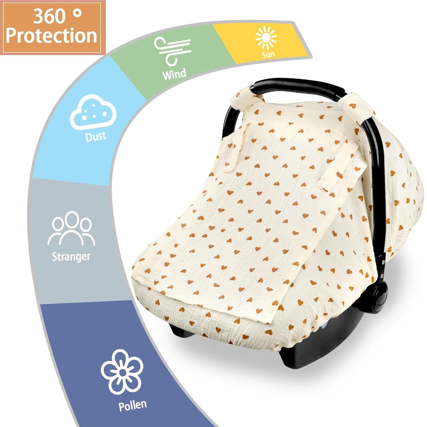 Hooyax Muslin Car Seat Cover Baby, Summer Car Seat Covers for Babies, Infants, and Newborns, Ultra Soft Breathable Universal Fit Stroller Carseat Canopy Covers for Boys Girls (Heart)