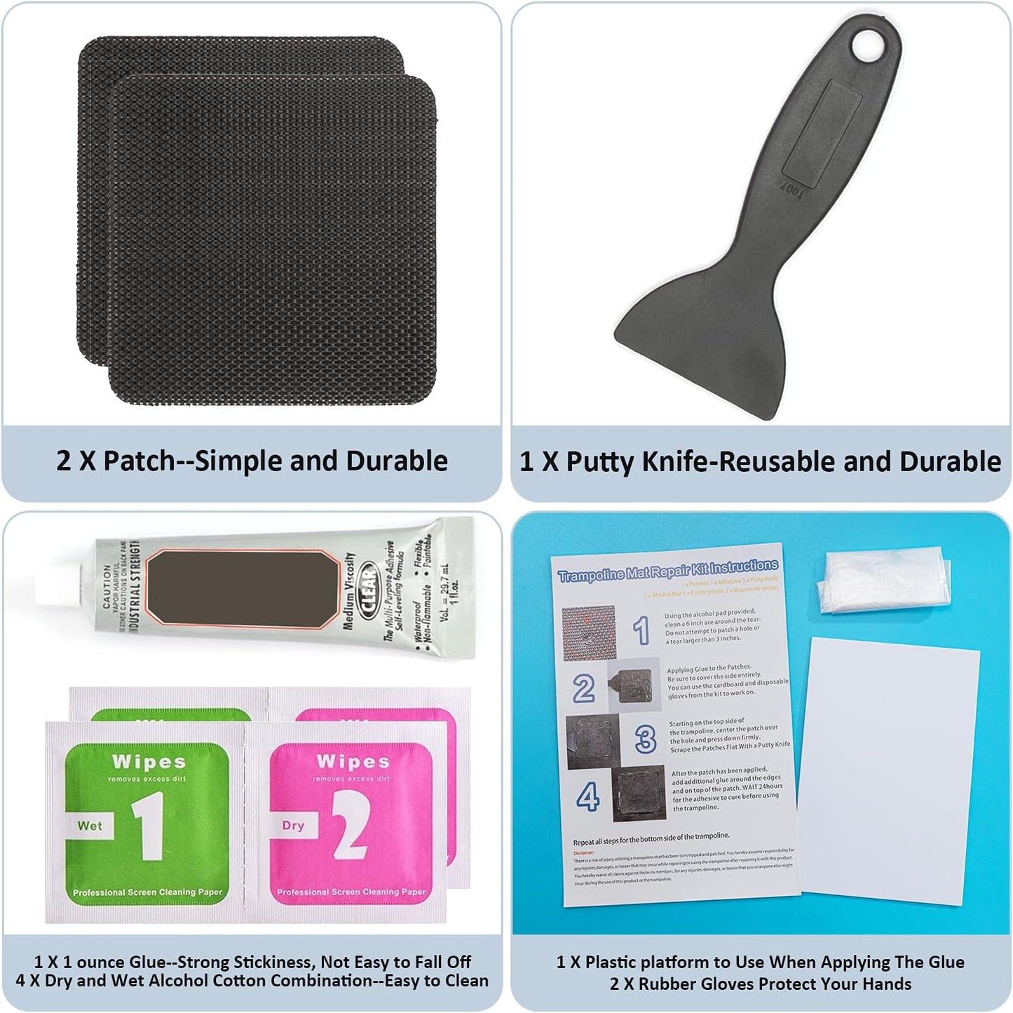 Trampoline Patch Repair Kit 4"X 4" Square On Patches | Repair Trampoline Mat Tear or Hole in a Trampoline Mat