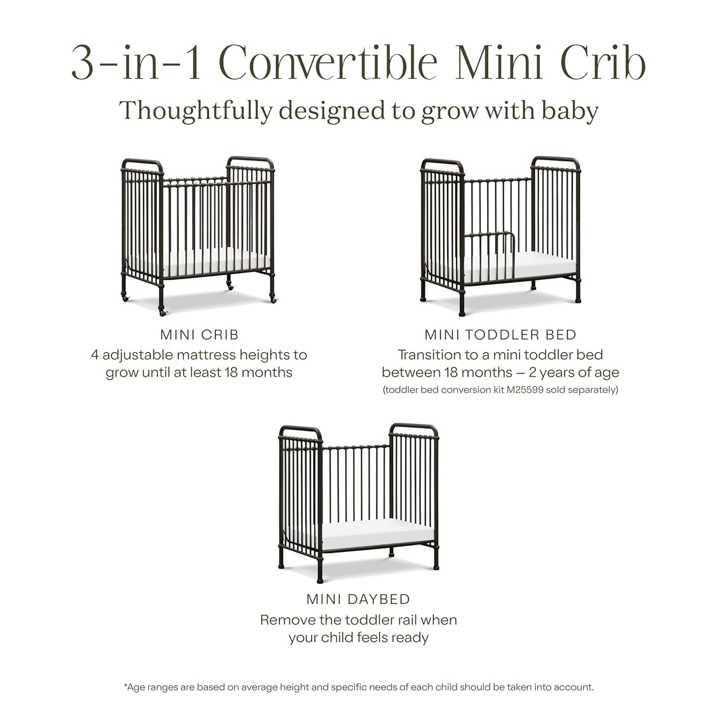 NAMESAKE Abigail 3-in-1 Convertible Mini Metal Crib in Vintage Iron, Greenguard Gold Certified