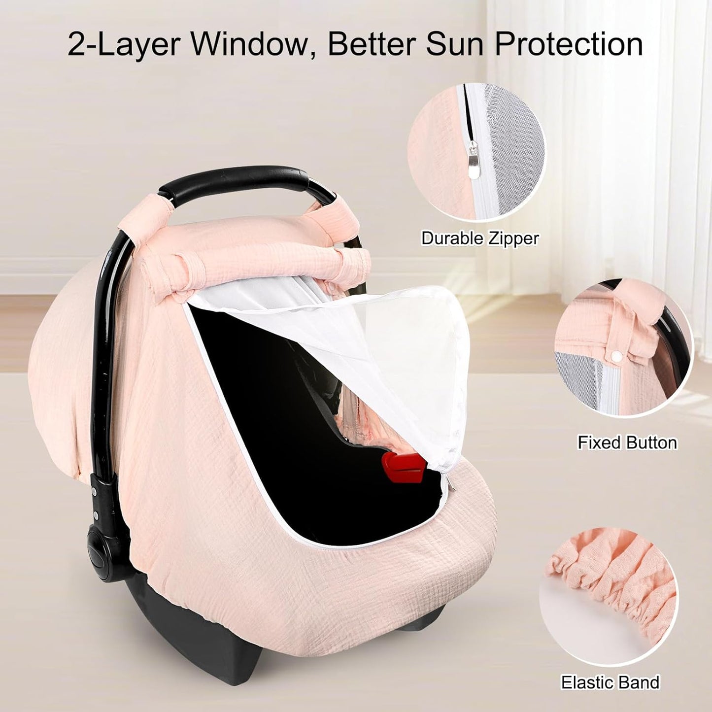 Hooyax Muslin Car Seat Cover Baby - Breathable and Privacy Car Seat Canopy with 3 Modes - Easy Install & Gift Box Packaging, Universal Fit for Infant Car Seats, Pink