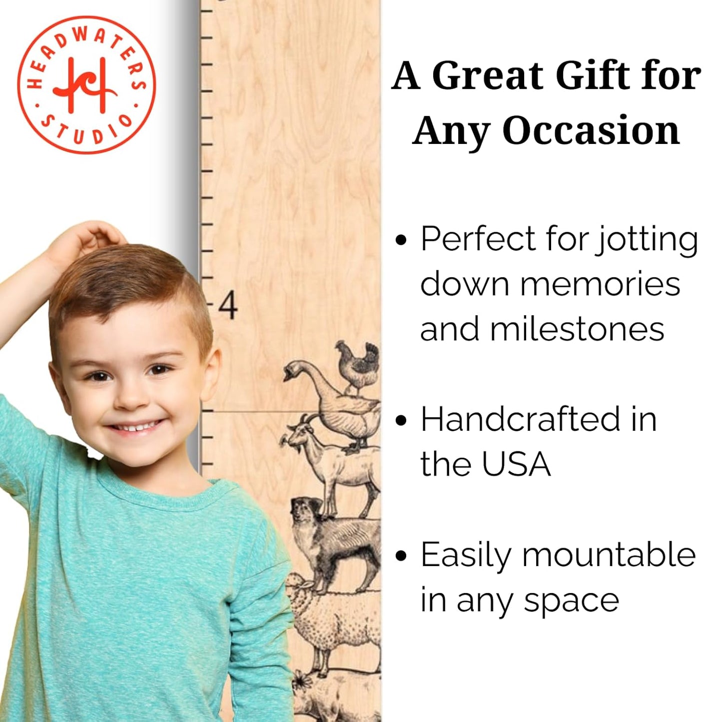 Wooden Growth Chart – Kids Height Chart, Wall Measurement for Kids, Height Chart for Wall, Growth Ruler for Children – Farm Animals, Natural - 63" x 6.7"