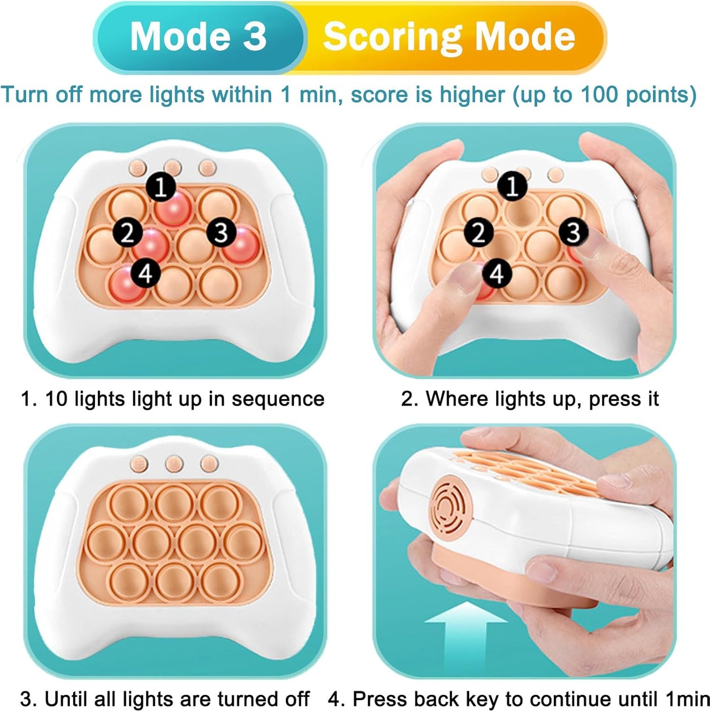 Pop Quick Push Game Console Light Up Sensory Fidget Toys Handheld Puzzle Popping Press Toy for Kids Adult Pink