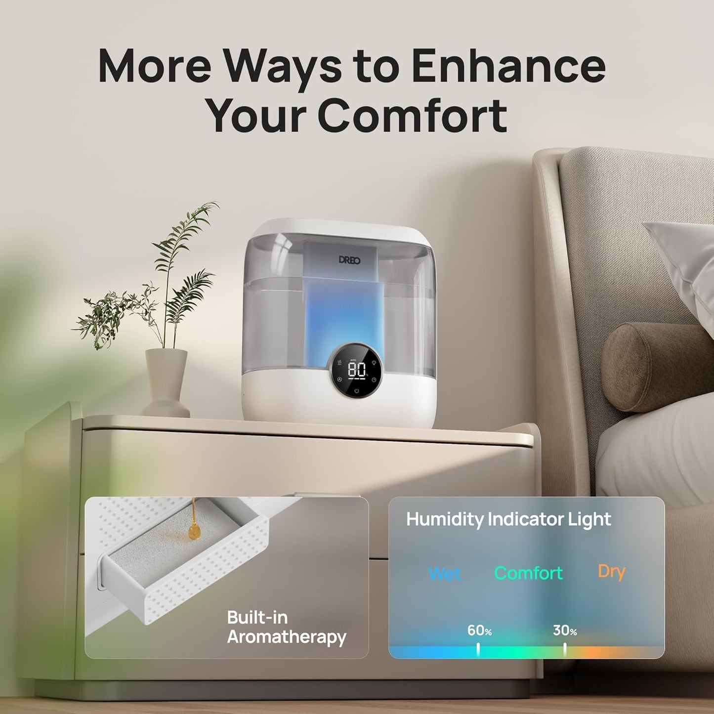 Dreo Smart Humidifiers for Bedroom, 6L Top Fill Supersized Cool Mist Humidifier for Large Room, 60 Hour Runtime, Quiet Ultrasonic Humidifiers for Plants, Baby, Nursery, Indoor, Home, Night Light, Gray