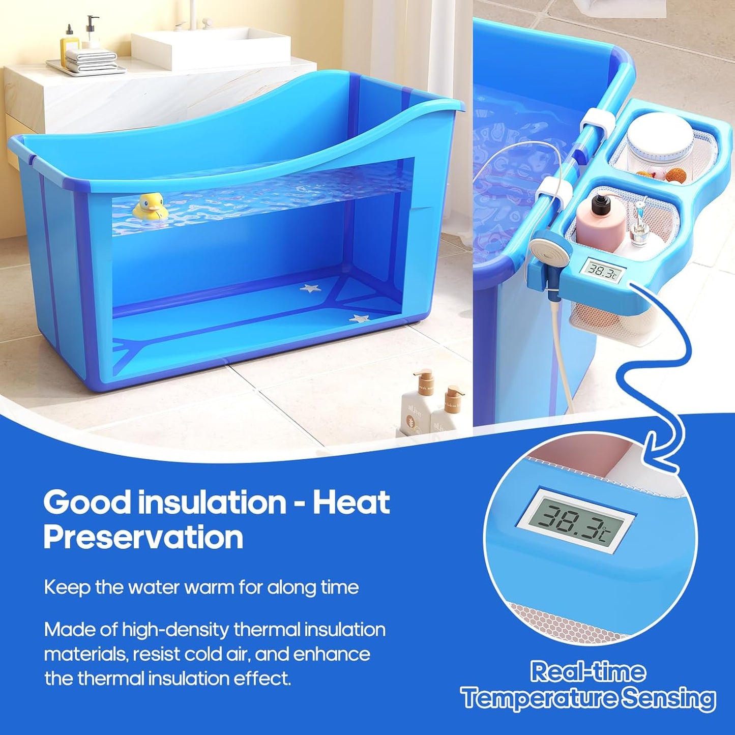 Collapsible Baby Bathtub Foldable Bathtub for Toddler Portable Large Foldable Bath Tub Bathtub for Kids Petite with Thermometer and Storage Basket (Blue)