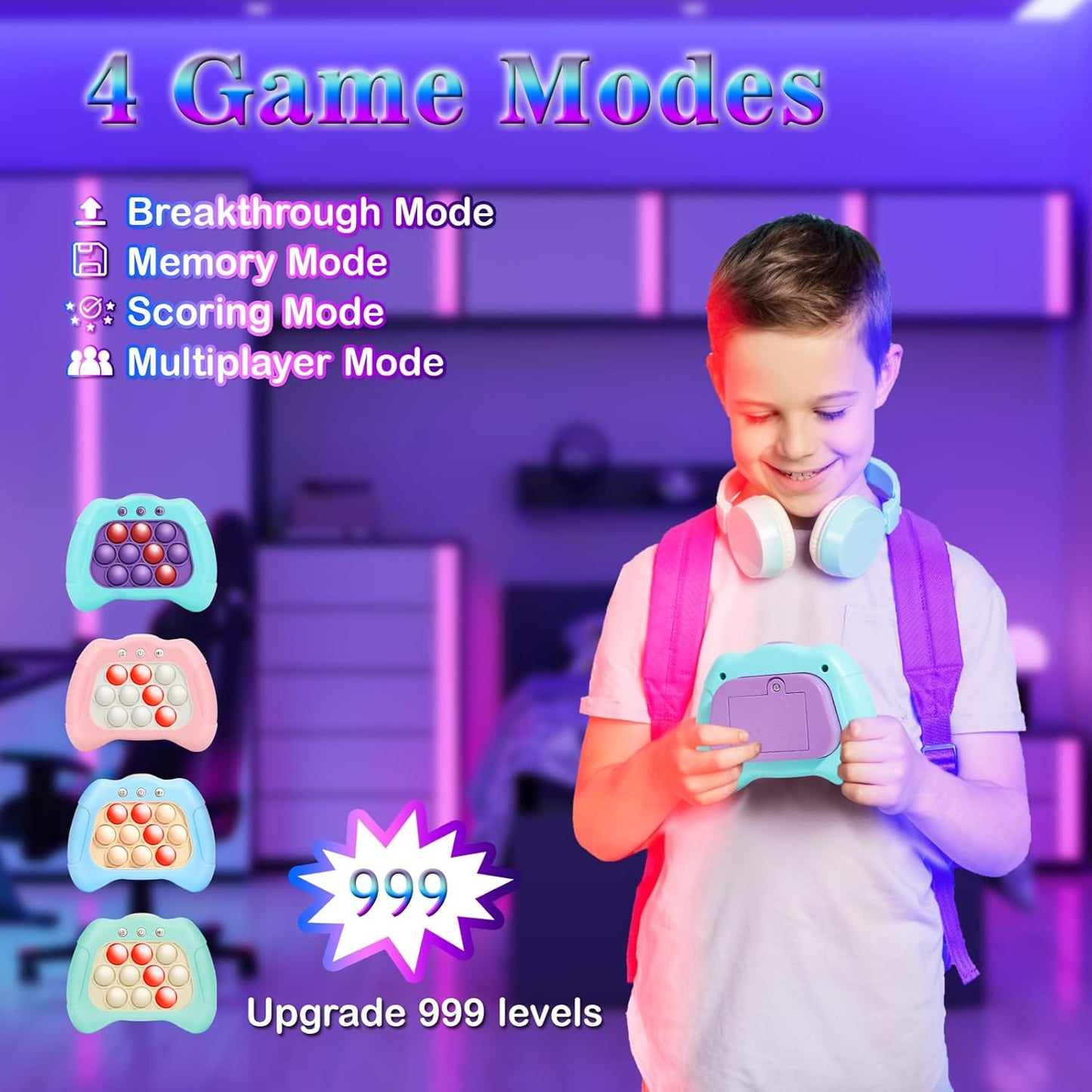 Fast Push Machine Light Up Fidget Toys for Kids Adults, Handheld Game for Kids 3-12, Quick Push Bubble Stress Toy, Sensory Toys Travel Games, Xmas Birthday Gifts for Boys Girls (Pink)