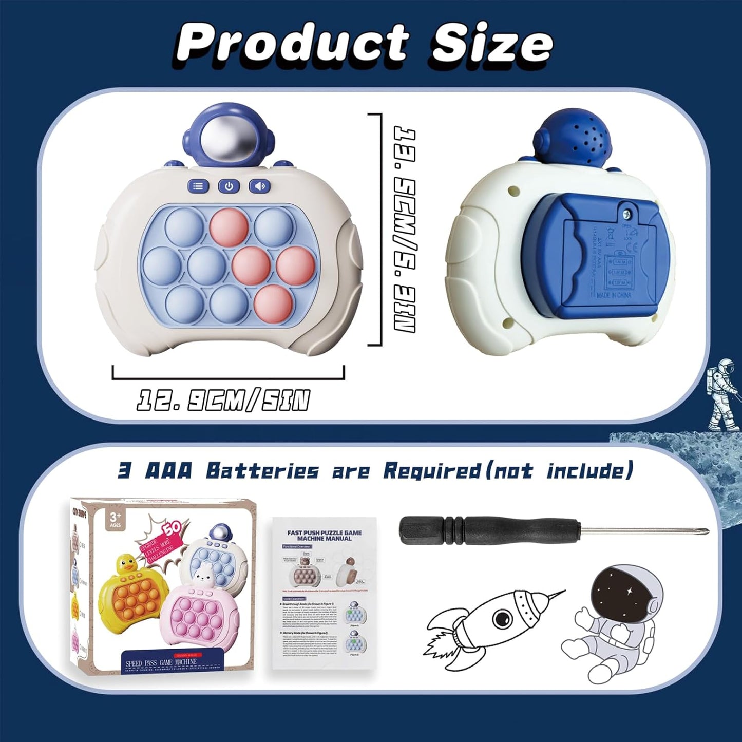 Quick Push Bubble Game Machine, Pop Game Puzzle Educational Console, Light Up Handheld Squeeze ADHD Stress Relief Fidget Toys for 3+ Boys Girls Kids Adults Birthday Christmas 4 Modes, Astronaut