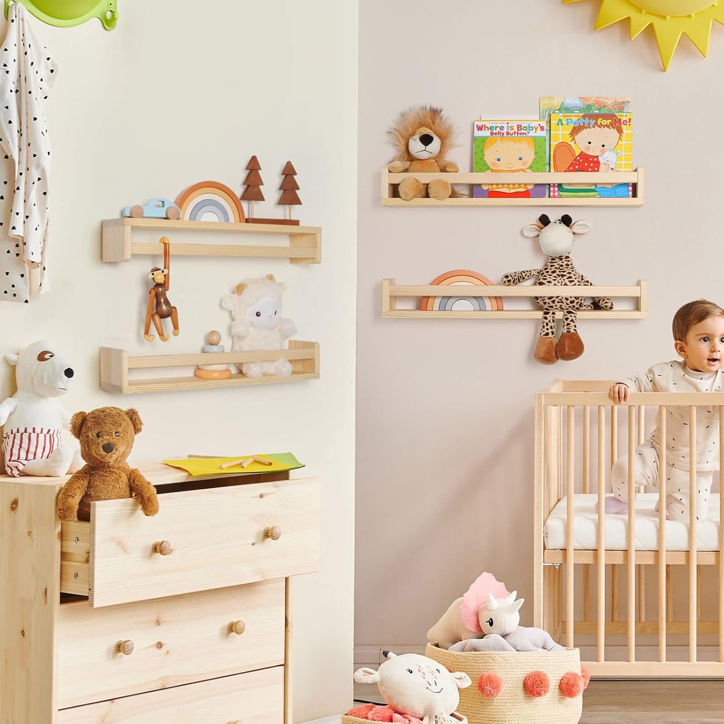 Fun Memories Nursery Book Shelves, 24Inch Floating Shelf for Wall, Wall Bookshelf for Kids Solid Wood Wall Mounted Shelves for Books,Toys and Decor Storage, Set of 2