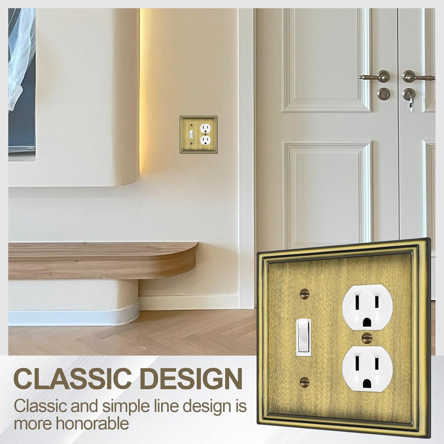 Combination Metal Light Switch Covers Wall Plate, 1 Toggle/1 Duplex Switch Plate Outlet Covers Antique Brass Decorative 2 Gang Wall Plate - Classic Style, 3 Pack