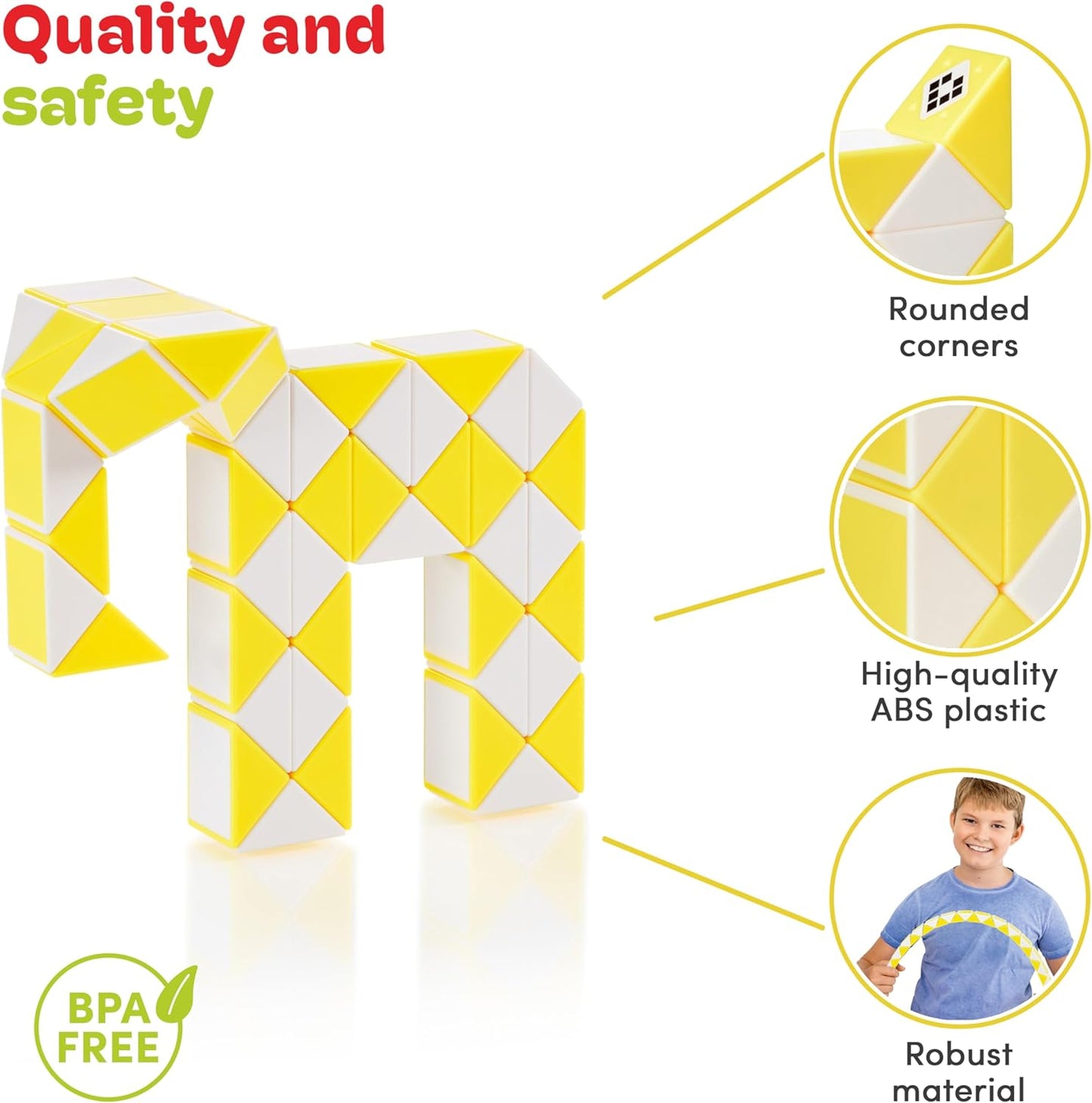 CUBIDI® Magic Snake Cube | Fidget Snake Toy for Kids | Travel Toys for Kids Ages 4-8 | Great Gift for Boys and Girls Birthday, Christmas, Stocking Stuffers - 48 Blocks | 0.9 inch x 0.7 inch | Yellow