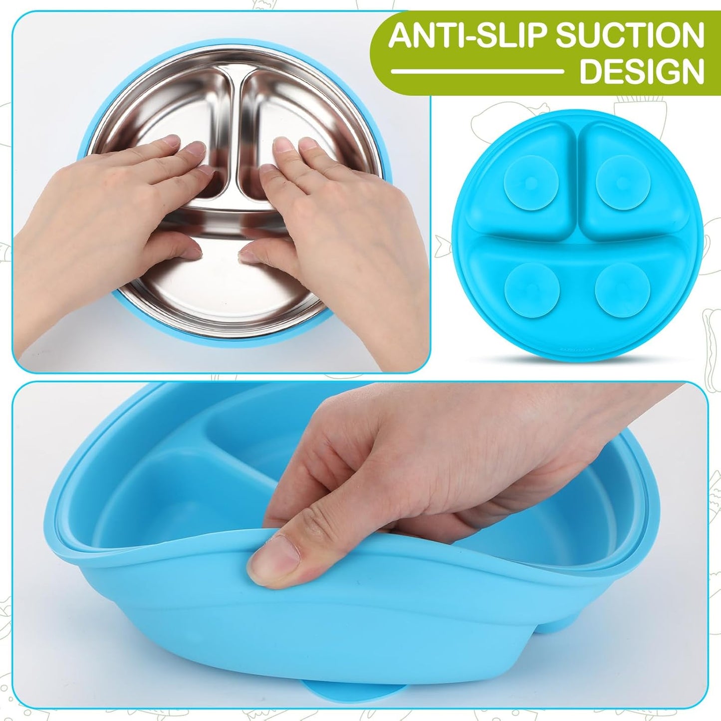 Nuogo 2 Pcs Stainless Steel Baby Suction Plates with Removable Silicone Shell 2-in-1 Metal Toddler Bowl Divided for Picky Eaters Kids Feeding Led Weaning Supplies, Dishwasher Safe (Green, Blue)
