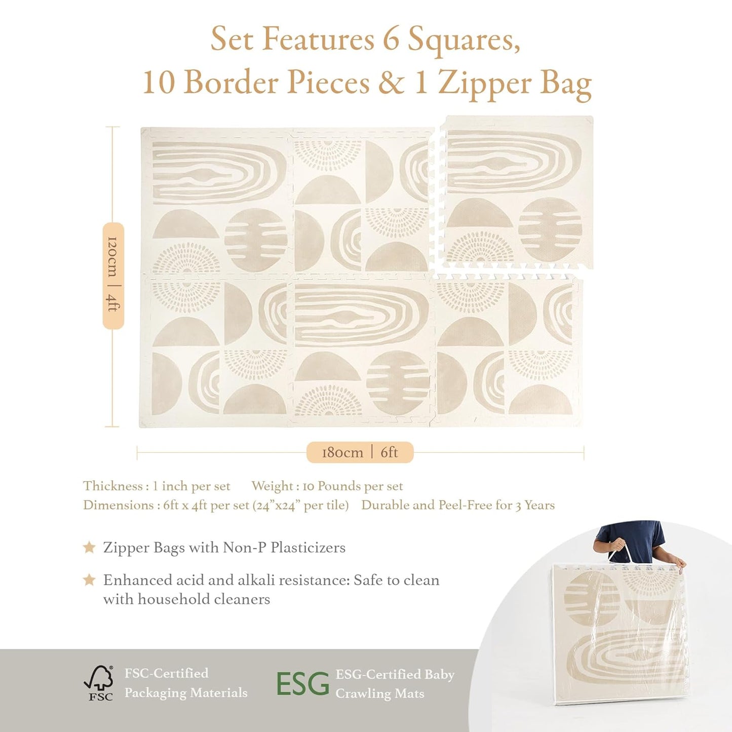 Super 1 Inch Thick Premium Quality Exercise & Baby Foam Play Mats - Expandable & Large Non-Toxic Odorless Floor Mat - 6 Tiles Spacious 6x4ft - Peel-Resistant - Desert Sand