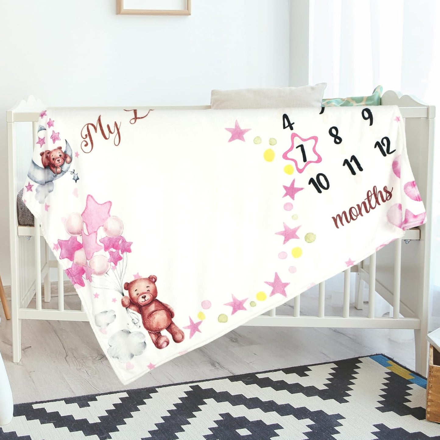 Sleeping Bear Monthly Baby Milestone Blanket Bear Star Balloon Flannel Blanket Boy Newborn Infant Swaddle Growth Chart Baby with Frame for Boys Girls Nursery (Pink)