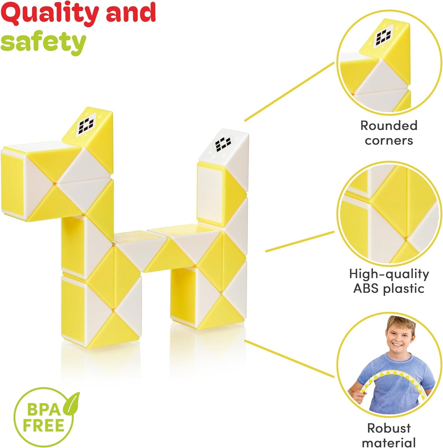 CUBIDI® Magic Snake Cube | Fidget Snake Toy for Kids | Travel Toys for Kids Ages 4-8 | Great Gift for Boys and Girls Birthday, Christmas, Stocking Stuffers - 24 Blocks | 0.9 inch x 0.7 inch | Yellow