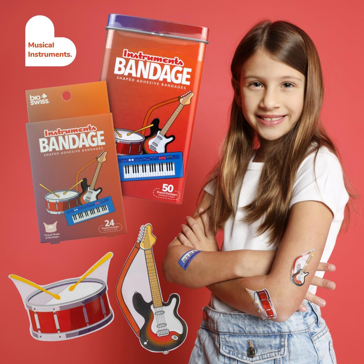 BioSwiss Bandages, Musical Instruments Shaped Self Adhesive Bandage, Latex Free Sterile Wound Care, Fun First Aid Kit Supplies for Kids and Adults, 50 Count
