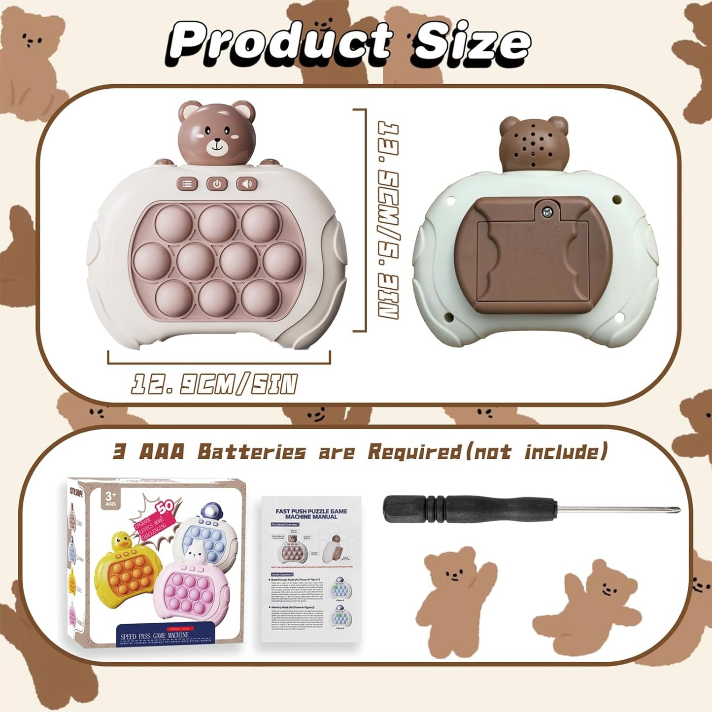 Quick Push Bubble Game Machine, Pop Game Puzzle Educational Console, Light Up Handheld Squeeze ADHD Stress Relief Fidget Toys for 3+ Boys Girls Kids Adults Birthday Christmas 4 Modes, Bear Animal