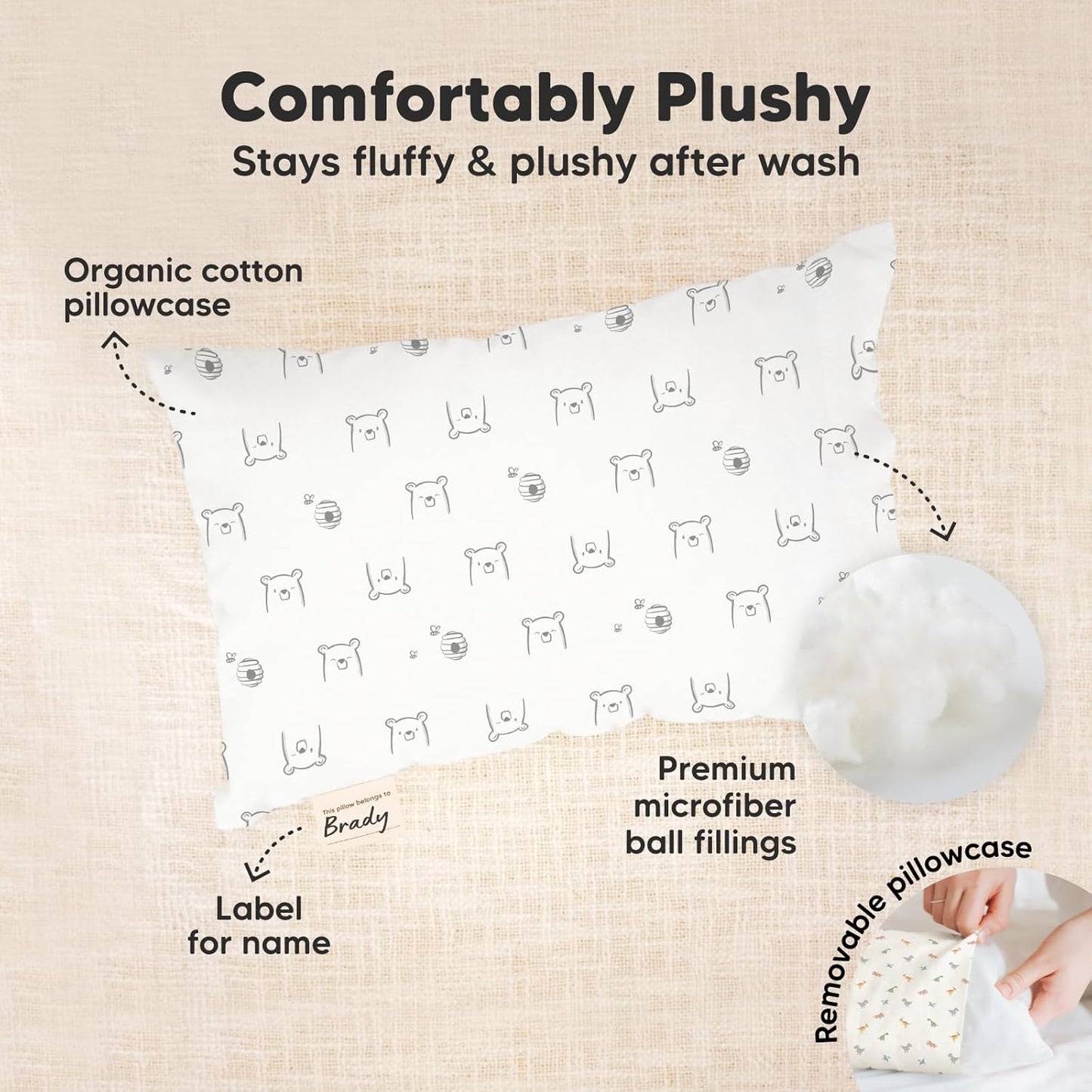 Mini Toddler Pillow with Pillowcase - 9x13 My Little Dreamy Travel Kids Pillow for Sleeping, Toddler Bed, Small, Tiny, Organic Cotton Pillowcase, Soft & Breathable, Kids 2-4 Years Old(Bumble Bear)