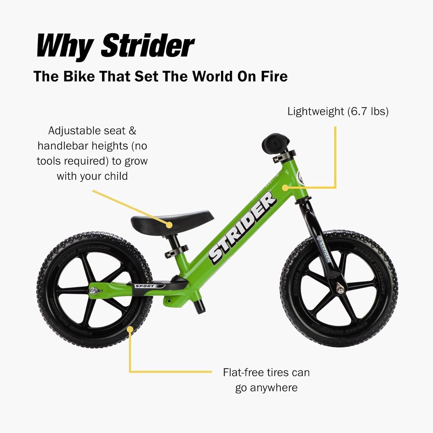 Strider 12” Sport Bike - No Pedal Balance Bicycle for Kids 1 to 4 Years - Includes Safety Pad, Padded Seat, Mini Grips & Flat-Free Tires - Tool-Free Assembly & Adjustments