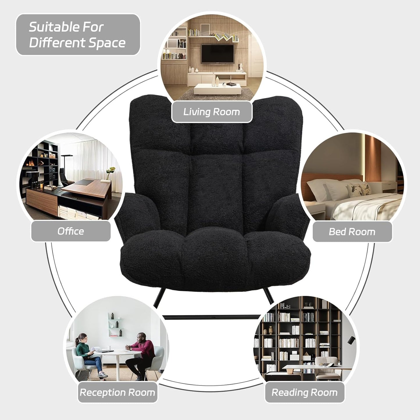 Rocking Chair Nursery Teddy Upholstered Glider Rocker Rocking Accent Chair Padded Seat with High Backrest Armchair Comfy Side Chair for Living Room Bedroom Offices (Black Teddy)