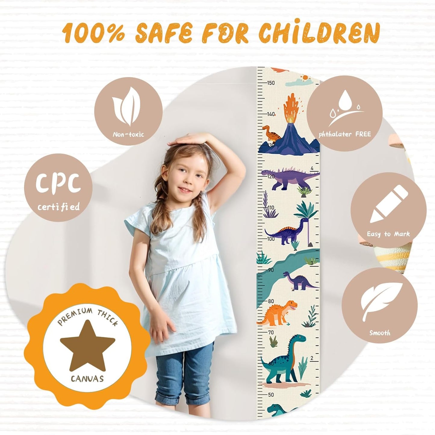 Customize Name Canvas Growth Chart for Kids, Dinosaur Unisex Kids Room Wall Decor, Measuring Height Chart, Wall Tape with Height Chart for Kids, Foldable Height Tracker, Lightweight