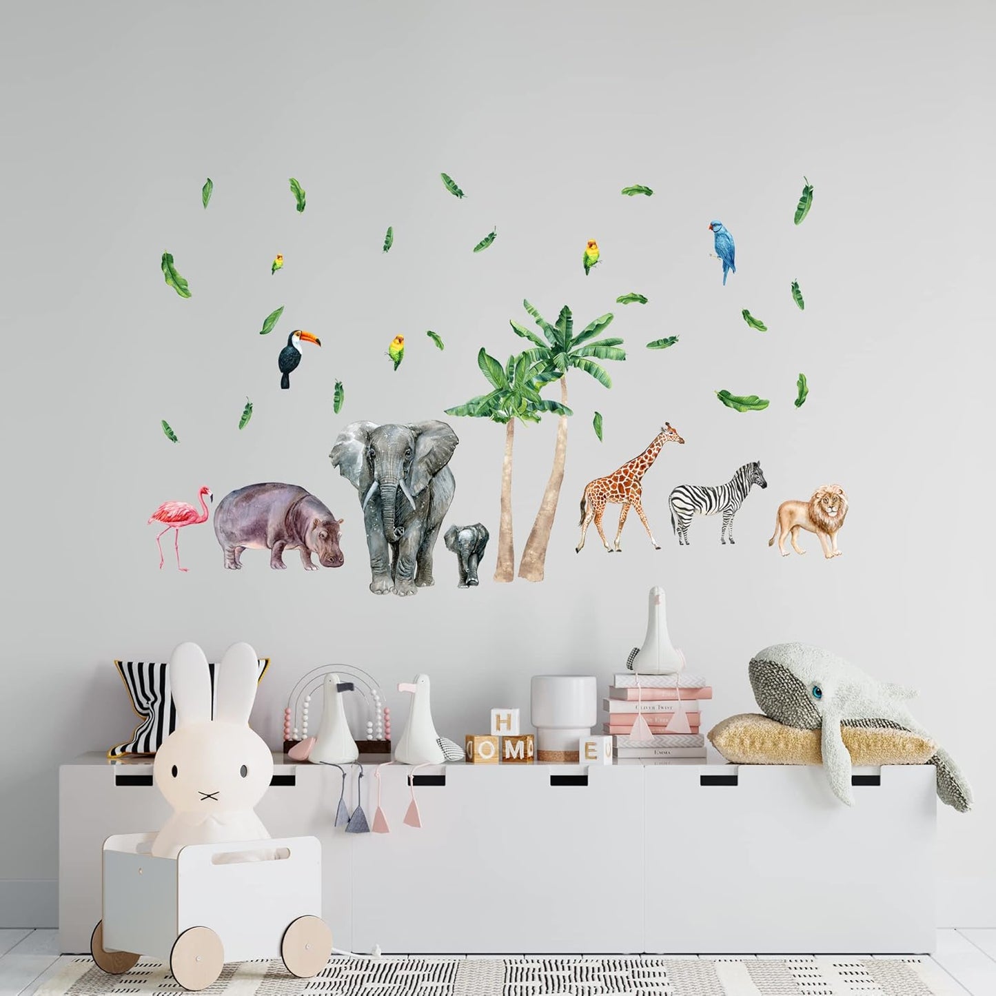 Safari Animal Wall Decals for Kids by Lipastick-Peel and Stick Jungle Stickers Giraffe, Elephant, Hippo, Palm Tree, Parrot for Toddlers Room, Nursery, Playroom, Classroom, Daycare Decor Art- S Size