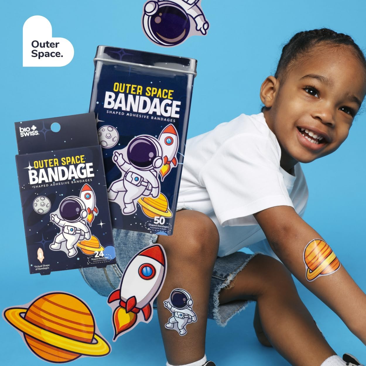 BioSwiss Bandages, Outer Space Shaped Self Adhesive Bandage, Latex Free Sterile Wound Care, Fun First Aid Kit Supplies for Kids and Adults, 24 Count