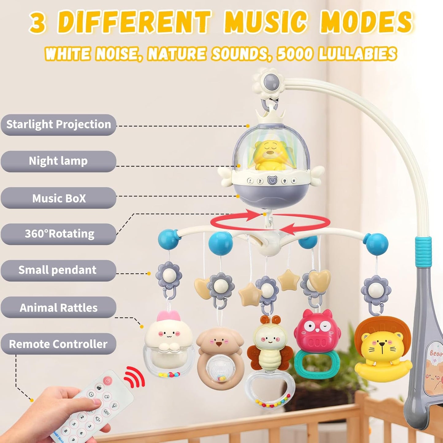 Baby Crib Mobile with Night Lights and Music,Hanging Mobile for Crib Bassinet with Rotation, Projection,Remote Control,Babies Crib Toys for Nursery Newborn Infant Boys Girls (Gray)