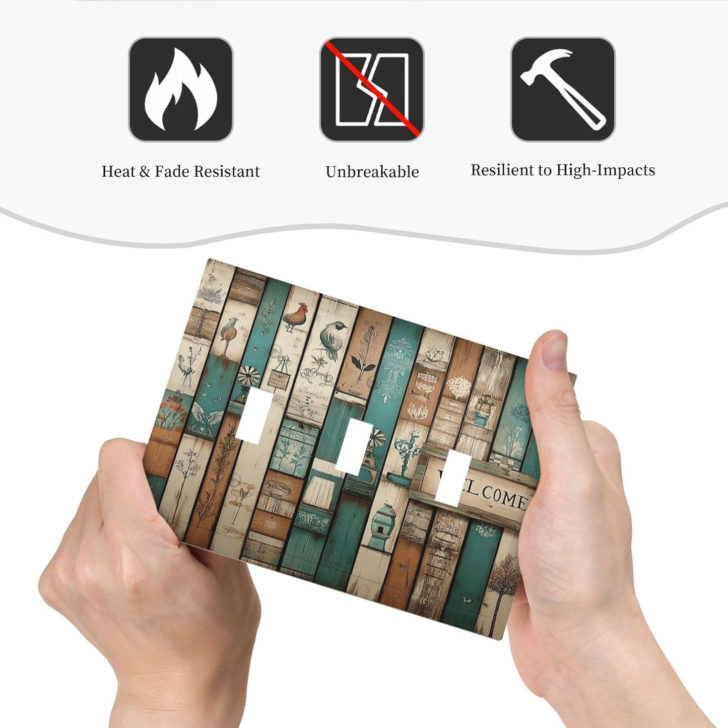 Decorative Switch Plates Vintage Wood Brown Turquoise Splicing 3 Gang Wall Plate Triple Toggle Light Switch Cover Faceplate Electrical Wall Panels For Farmhouse Cabin Decor