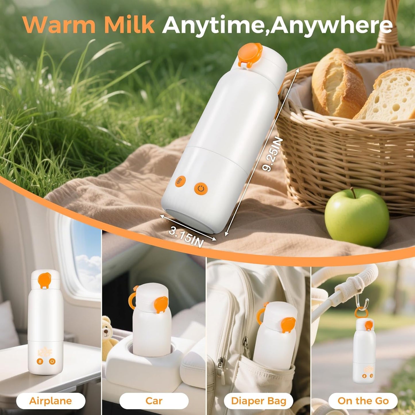 Portable Bottle Warmer for Travel, 12oz Large Capacity Fast Heating Breast Milk, Water & Formula On The Go Baby Bottle Warmer Accurate Temp Control with 4 Levels Long Battery Life for Car & Airplane