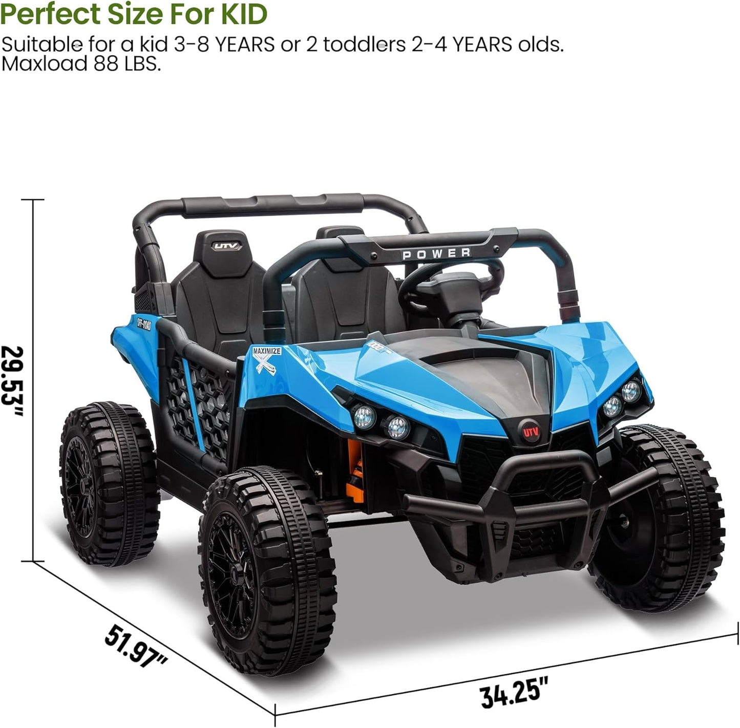 24V 2 Seater Ride On Car Truck, Power Wheels Kids UTV w/Parent Remote Control, 3.1 MPH Max Speed, Music Player, LED Lights & Storage, Electric Vehicle Ride On Toy for Kids Toddler Ages 3-8, Blue
