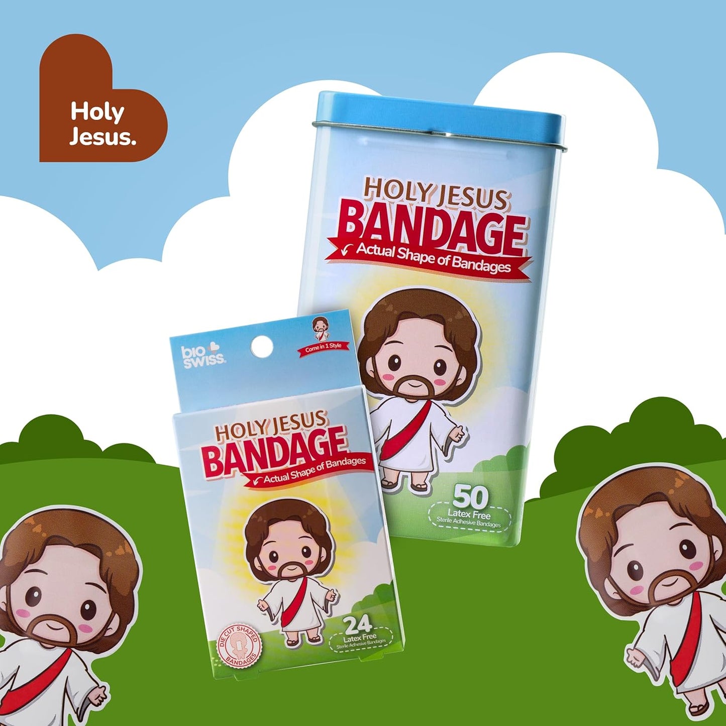 BioSwiss Bandages, Holy Jesus Shaped Self Adhesive Bandage, Latex Free Sterile Wound Care, Fun First Aid Kit Supplies for Kids and Adults, 50 Count