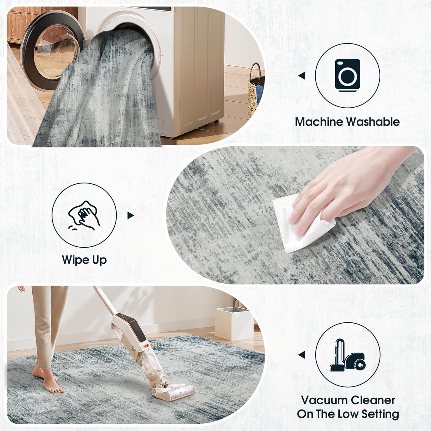 Washable Rug 6x9 Area Rugs, Abstract Washable Rugs with Non-Slip Backing, Stain Resistant Indoor Floor Carpet for Bedroom Dining Room Table Nursery Hallway Home Office-Blue/Ivory