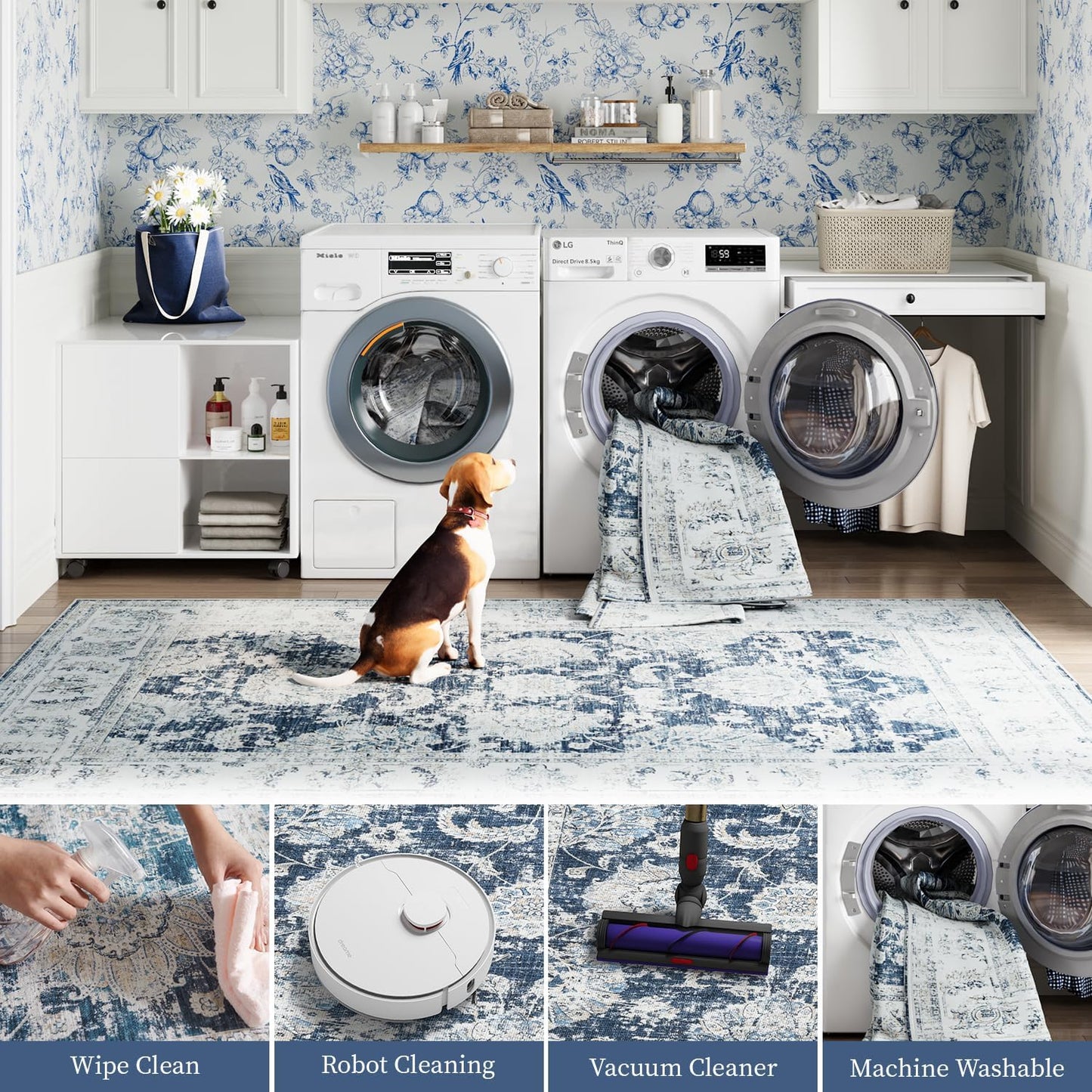 jinchan Runner Rug 3x8-2pcs Kitchen Washable Vintage Hallway Rug Floral Print Floor Cover Indoor Thin Retro Mat Accent for Bathroom Laundry Room Bedroom Office Farmhouse (Double,Dark Blue)