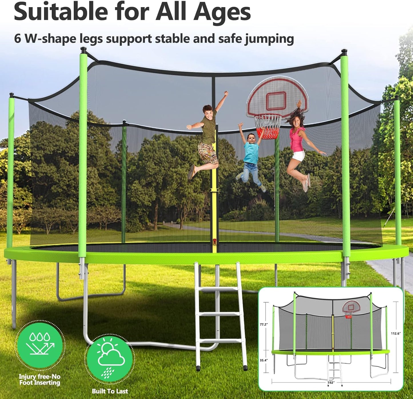 Upgraded 10/12/14/15/16FT Trampoline Outdoor, Large Kids Trampoline with Light, Stakes, Sprinkler, Backyard Trampoline with Basketball Hoop and Net, Capacity for 4-6 Kids and Adults