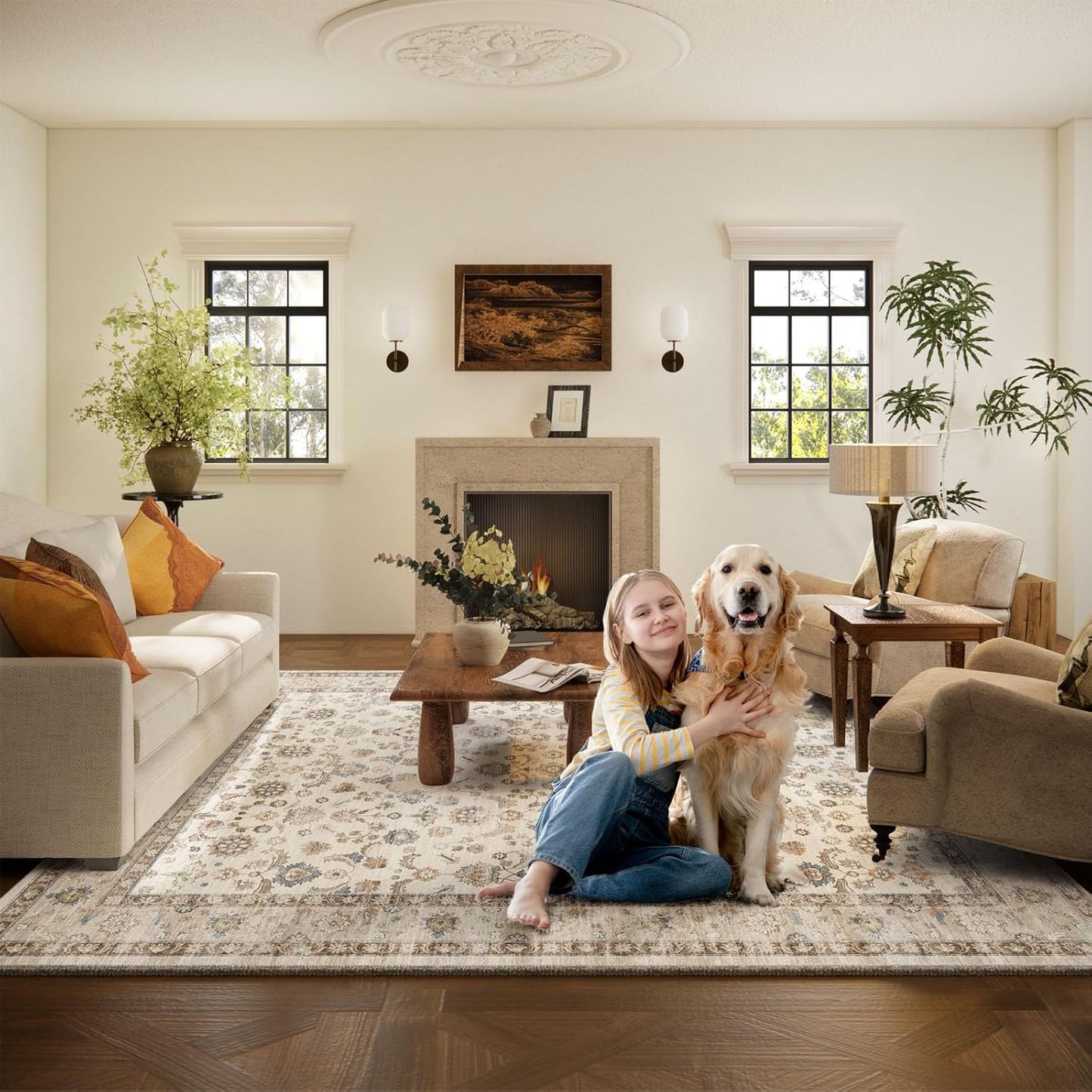 Washable Area Rugs for Living Room: 5x7 Bedroom Rug Boho Vintage Area Rug Stain Resistant Non Slip Low Pile Lightweight Soft Carpets for Dining Room Kitchen Nursery Kids Room Playroom Home Office