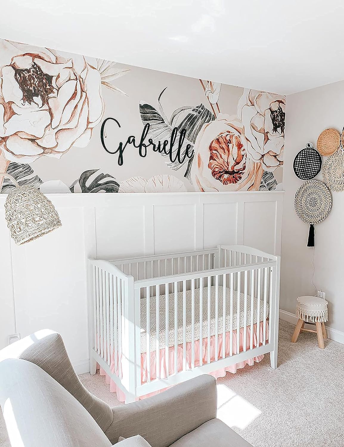 PINNKKU 4-Piece Crib Bedding Set for Boy & Girl, Includes Skirt, Blanket, Sheet & Diaper Bag, Floral, Standard Size