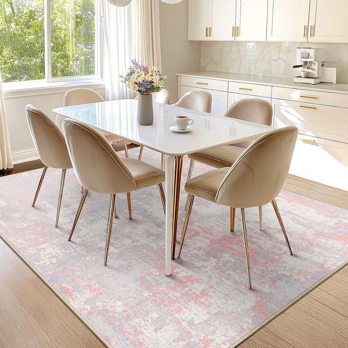 Washable Area Rugs 8'x10' Non-Slip Modern Abstract Soft for Living Room Entryway Bedroom Nursery, Print Pattern, Grey Pink