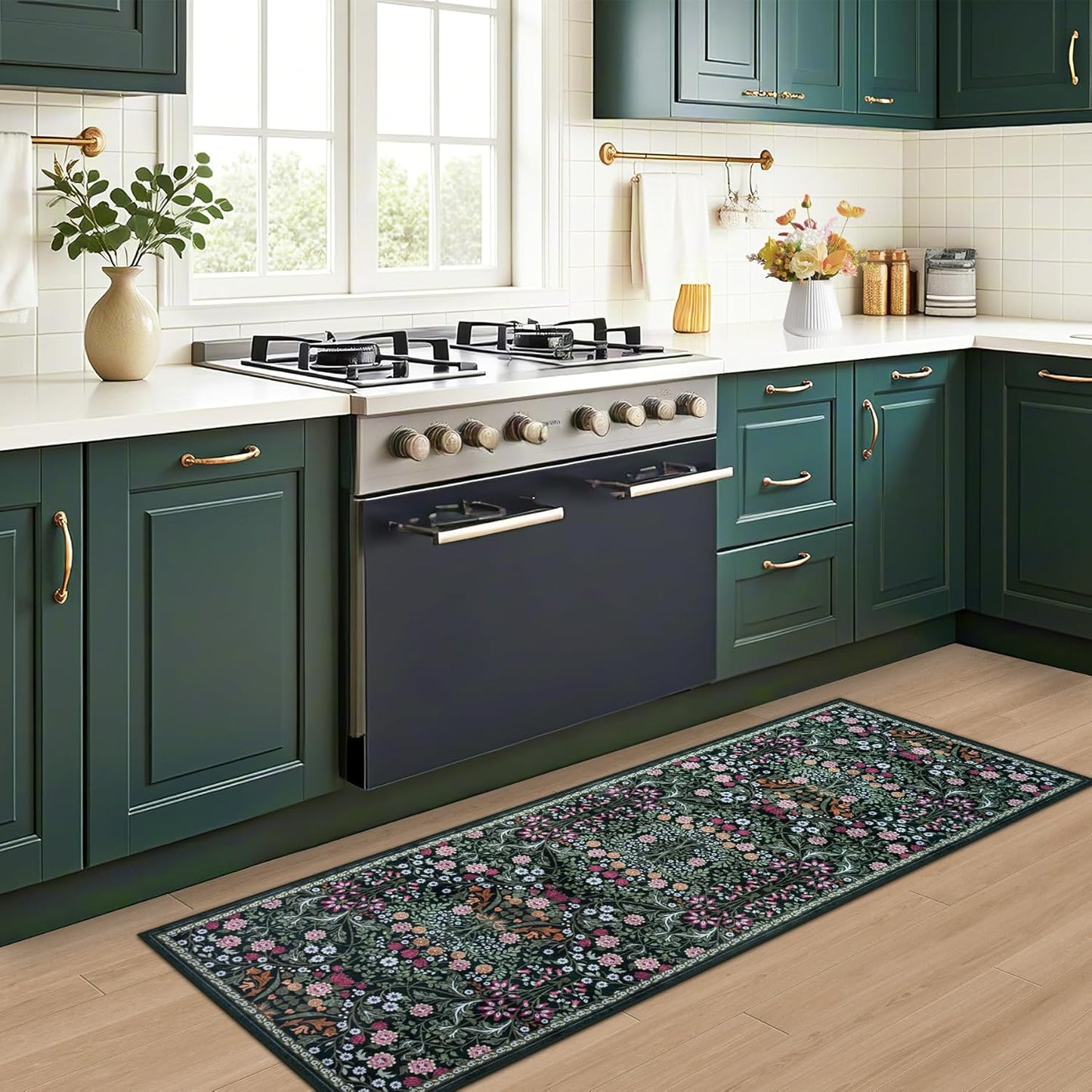 Runner Rug for Entryway: 2.6x8 Kitchen Rugs Non Slip Washable Ultra-Thin Soft Floral Carpet Indoor Floor Stain Resistant Carpets for Hallway Bedroom Kitchen Laundry Bathroom Dorm Dark Green