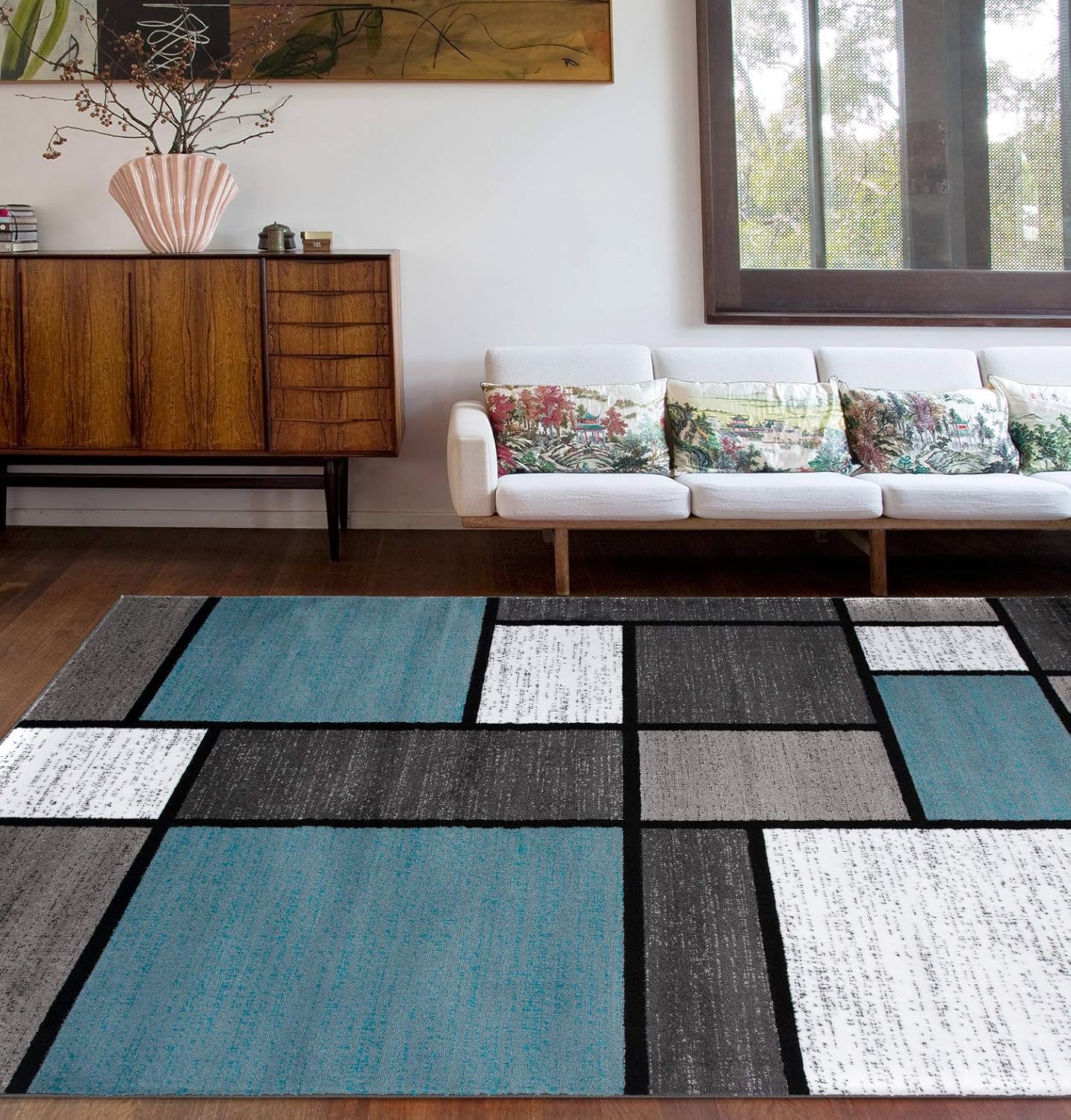 Rugshop Contemporary Modern Boxes for Home Office,Living Room,Bedroom,Kitchen Non Shedding Area Rug 3'3" x 5' Blue/Gray